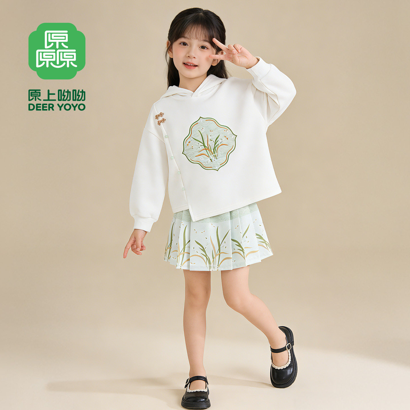 女童国风套装春装2026新款儿童洋气连帽卫衣马面百褶裙大童汉服风