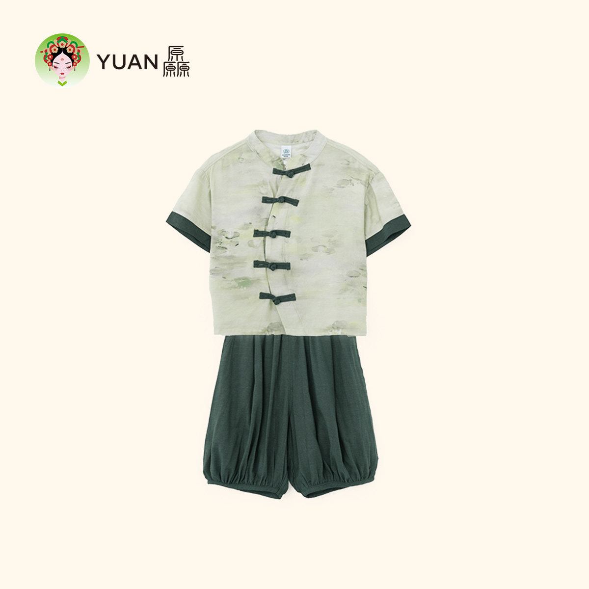 厵YUAN夏男运动球服男童柔软舒适休闲国风山水套装演出服中式印花