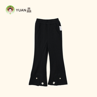厵YUAN女童喇叭裤春季新款休闲裤微喇儿童裤子国风黑色绣花针织裤