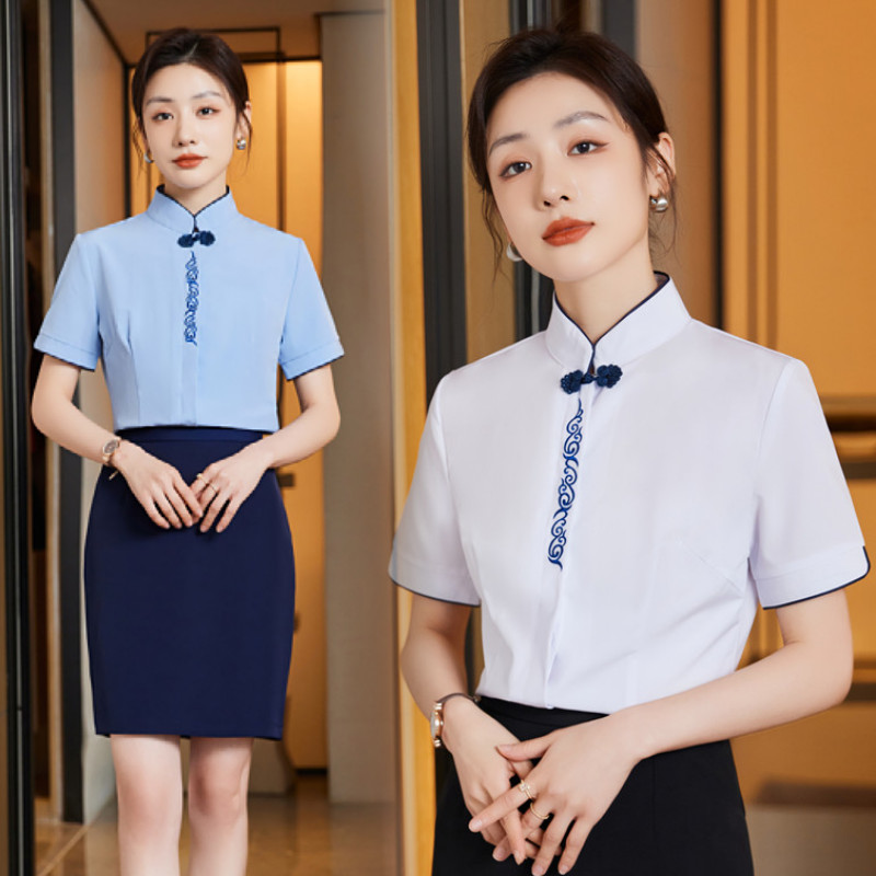 新中式高端酒店服务员工作服女夏季短袖茶楼饭店前厅衬衫职业套装