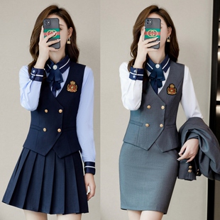 学院风西装马甲百褶裙套装工装女职业气质美容师前台接待工作装