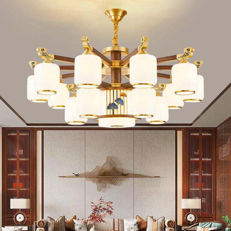 新中式全铜吊顶别墅大气餐厅卧室实木客厅灯2024年新款头朝下灯具