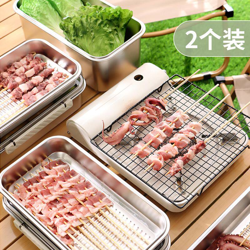 日本304不锈钢烤串专用保鲜盒带盖户外露营烧烤食材食品级收纳盒