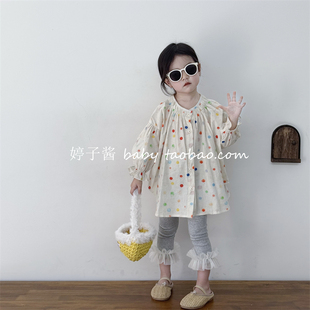 儿童洋气衬衫裙2026新款韩版女宝宝春款彩色圆点可爱圆领休闲上衣
