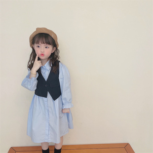 女童洋气连衣裙2026新款韩版春季女宝宝休闲中长款衬衫马甲两件套
