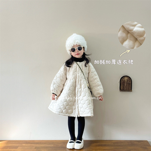 女童冬季 韩版 夹棉纯色衔棉公主裙外套 连衣裙2025新款 儿童洋气厚款