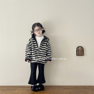 儿童洋气厚款外套2025新款韩版男女童冬季加厚羊羔毛绒连帽条纹衣