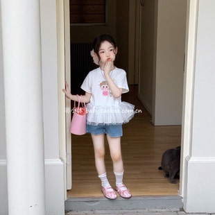 儿童洋气宽松T恤2026新款韩版女童夏款可爱印花拼接网纱套头上衣
