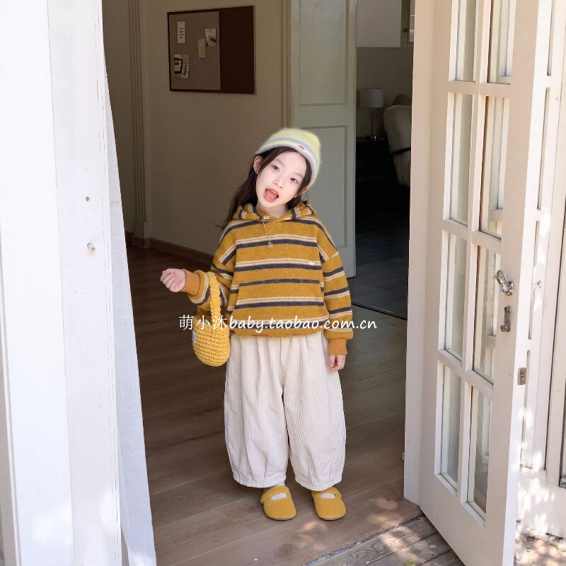 儿童洋气宽松毛衣2026新款韩版小女孩冬季加绒厚款条纹连帽卫衣潮