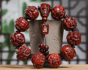 小叶紫檀龙生九子手串25mm檀木雕刻貔貅瑞兽佛珠文玩男手持手链女