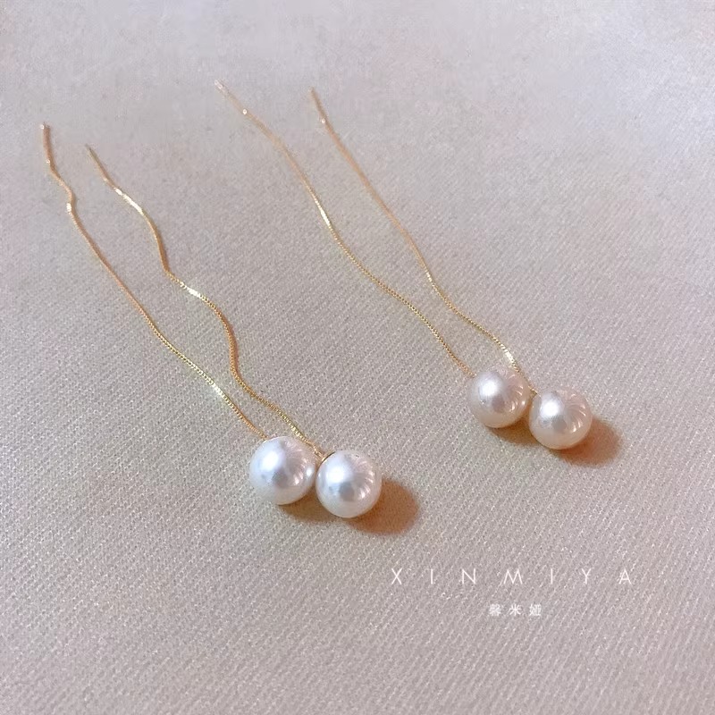甜美可爱超仙珍珠耳线女长款圆脸