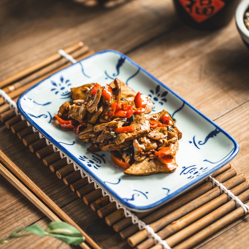 青花瓷盘子长方形肠粉盘家用陶瓷饭盘炒菜盘蒸盘蝶子盘浅盘子平盘
