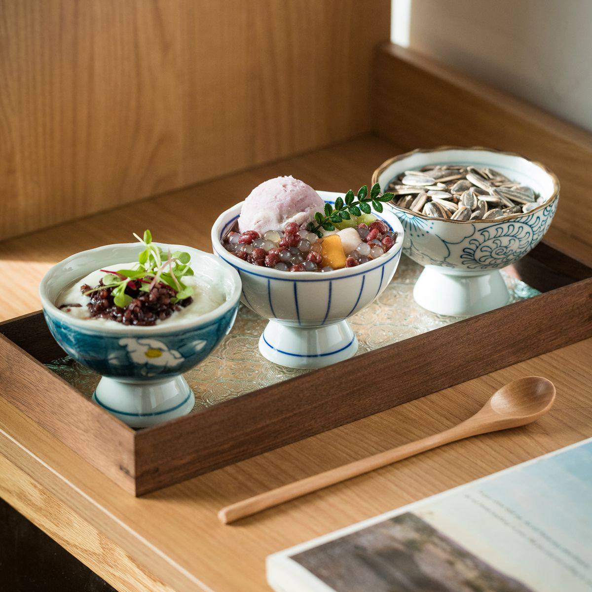 中式青花陶瓷高脚糖水碗碟创意冰淇淋甜品碗精致网红商用高颜值