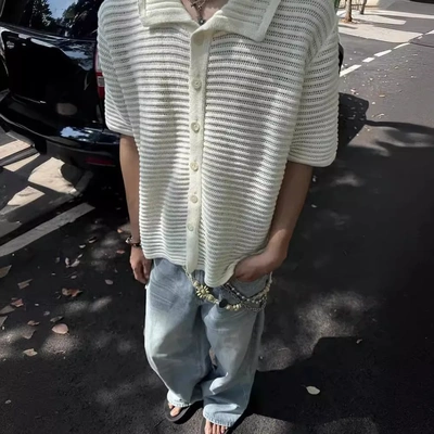 新贵老钱风复古针织衬衫短袖男夏季boxy版型镂空休闲叠穿翻领开衫
