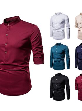 秋冬款男装亨利领长袖衬衫休闲大码衬衣韩版潮men casual shirts