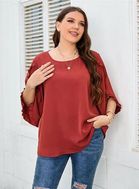 2022 plus size women casual shirts 大码女装 红色半袖宽松衬衫
