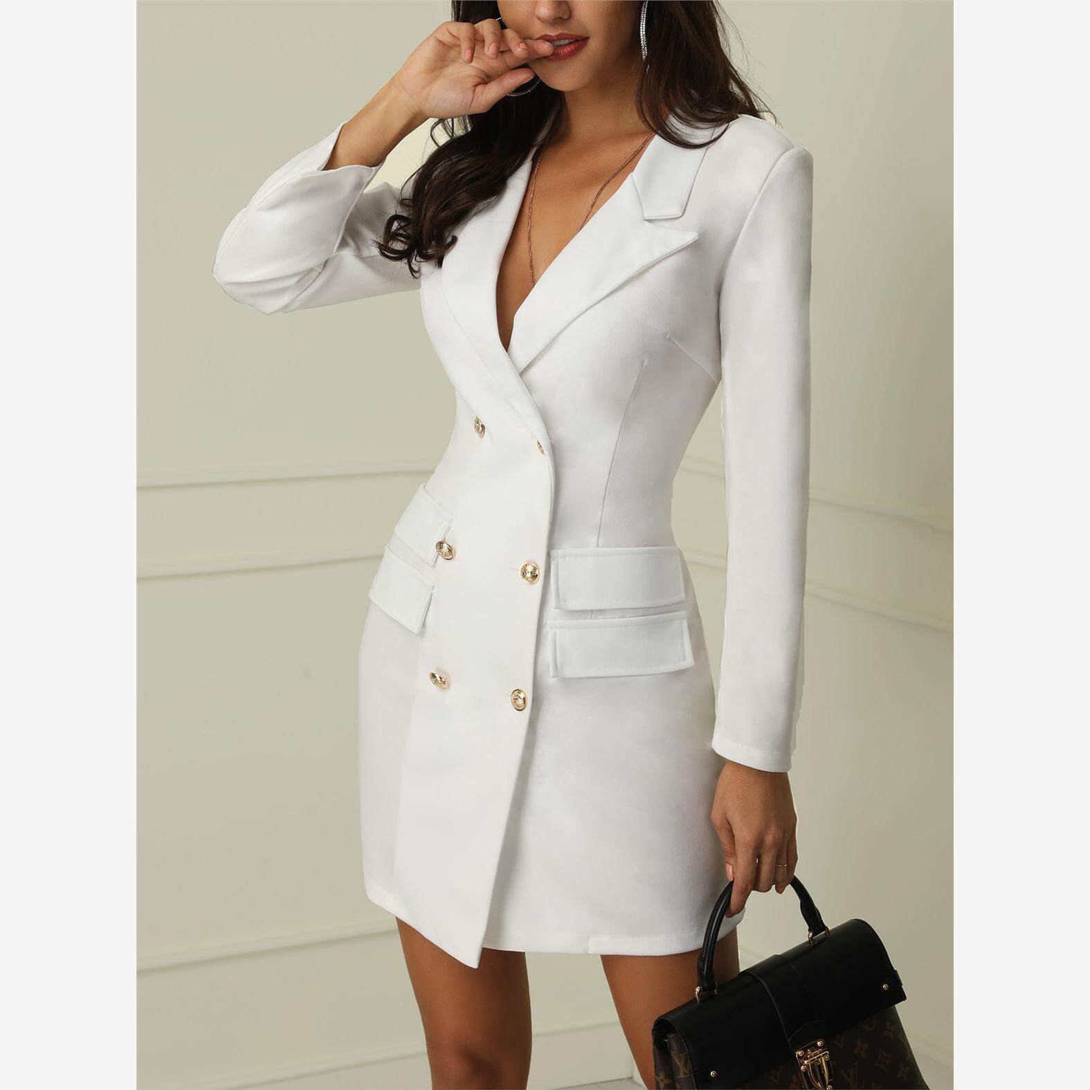 Double breasted suit coat dress黑白V领双排扣西装外套连衣裙