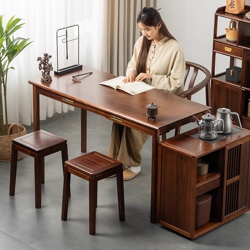 乌金木茶桌实木茶桌阳台泡茶茶台书桌一体两用新中式茶柜烧水套装