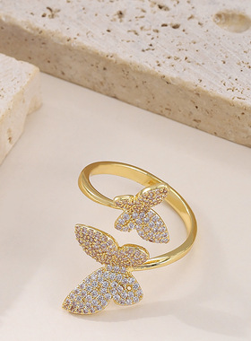 森系甜美精致时尚满钻双蝴蝶开口戒指女不掉色可调节情侣闺蜜手饰