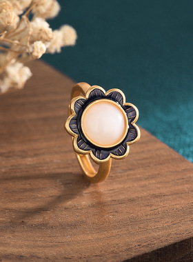 网红直播供货中国风汉服古装手饰珐琅彩绘工艺仿和田玉复古戒指女