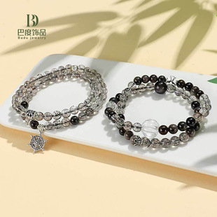 黑晶超七紫水晶串珠双圈手链女个性风潮黑草莓银曜石手串手饰