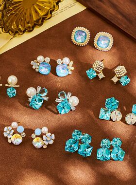 爆款花样年华方糖耳钉蓝色水晶S925银针轻奢时尚精致百搭韩版耳饰