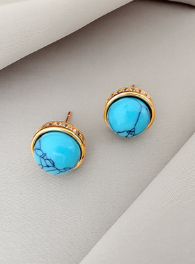 银针新中式锆石圆形不规则绿色耳钉复古轻奢耳环精致感耳饰女