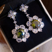 银针锆石花朵椭圆形吊坠耳钉时尚 夸张百搭耳环轻奢感复古耳饰