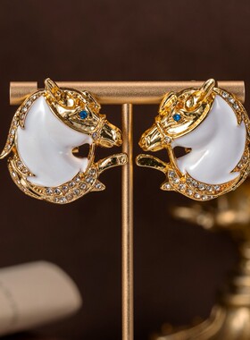 中古vintage珐琅镶钻马首耳钉气质百搭感耳饰珐琅马头耳钉女