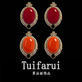 中古vintage 天然石耳钉轻奢感做旧中古款 镶钻耳钉