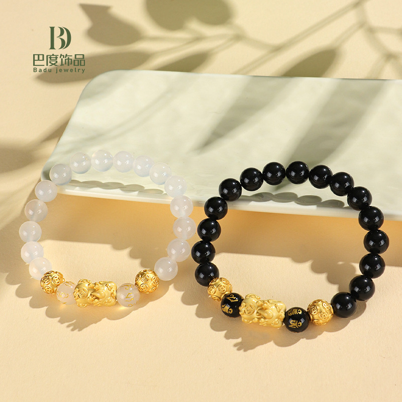 999纯银黑白玛瑙貔貅串珠情侣手链女原创设计六字箴言手串