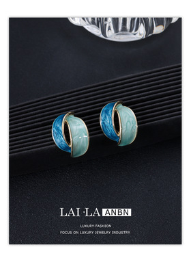 法式拼色耳环女复古蓝色耳钉s925银耳针2022年耳饰几何精致