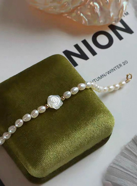 天然淡水珍珠贝白蝶手工雕刻山茶花手链女法式复古轻奢感手饰