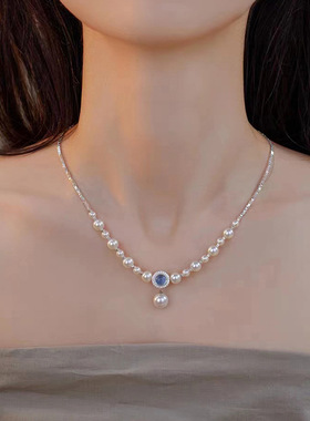 施家珍珠海蓝宝项链感小众轻奢百搭s925纯银碎银子珍珠锁骨链