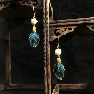 1494新中式百搭珐琅工艺树叶耳钩仿淡水珍珠球气质耳环旗袍汉服