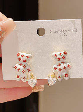 14k真金电镀银针轻奢锆石滴油爱心小熊耳钉时尚感精致耳饰女