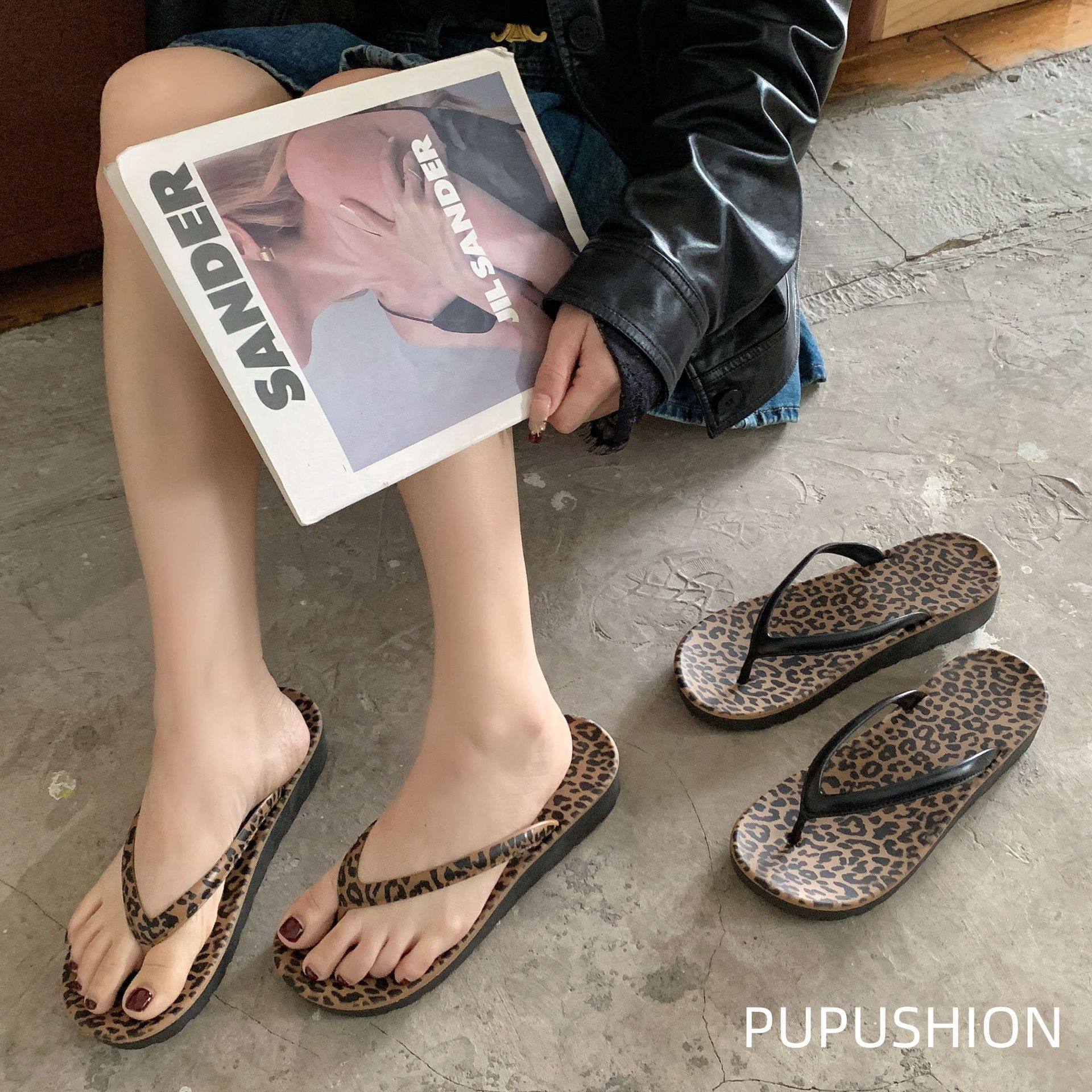 日本凉拖鞋豹纹海边夹脚夏季时尚沙滩防滑人字拖外穿软底室内外穿,女鞋,人字拖,淘宝优惠券,粉丝福利购,淘宝优惠卷