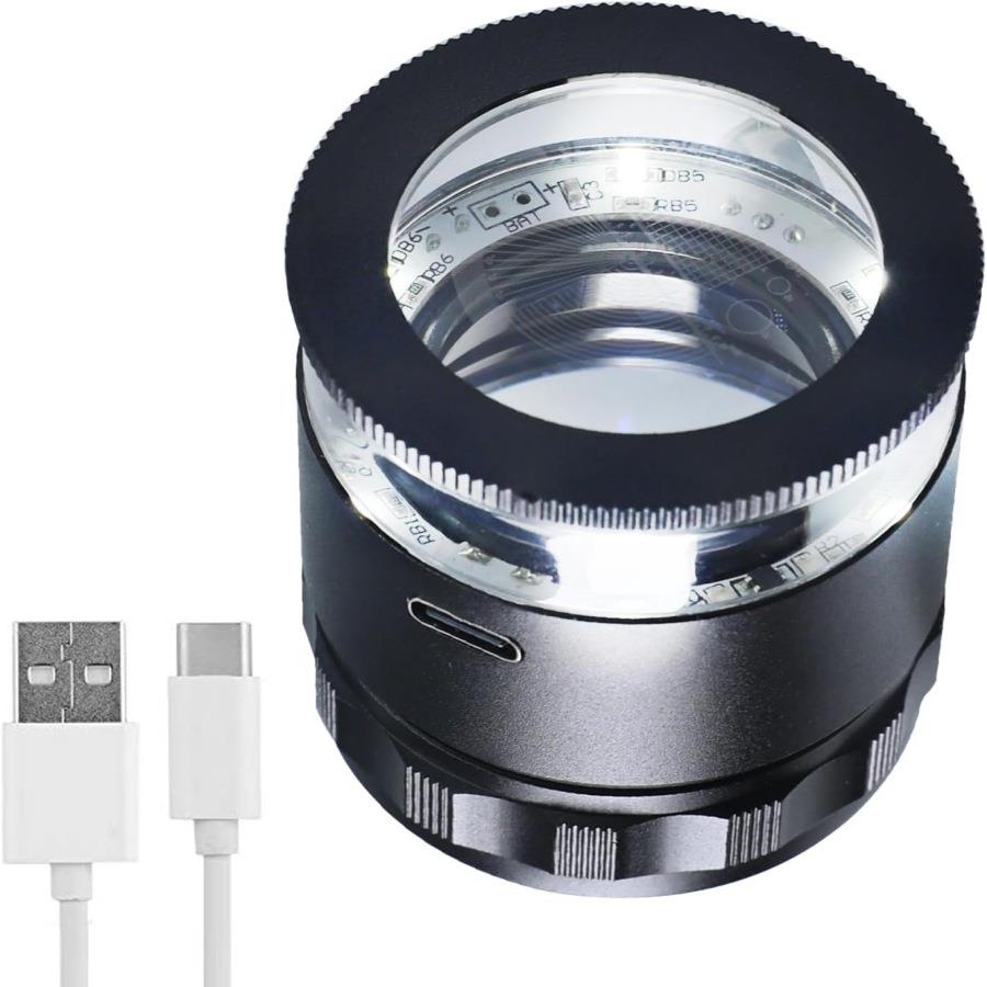 10倍便携式圆筒刻度放大镜测量刻度尺USB充电光学带LED灯测量