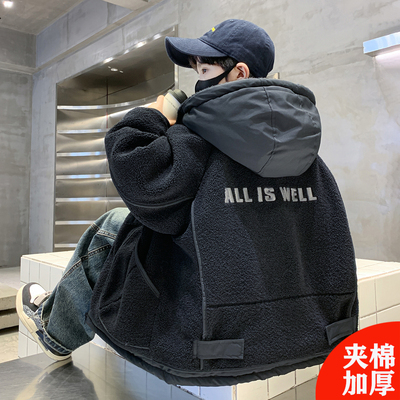 男童夹棉外套秋冬款2025新款儿童毛毛衣棉服冬装连帽中大童冬季潮