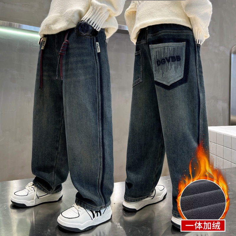 儿童装男童加绒裤子2025新款秋冬款牛仔冬季男孩一体绒加厚大童潮