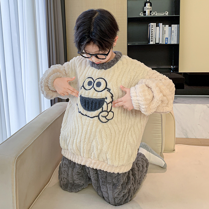 儿童装男童睡衣冬季家居服加绒大童男孩秋冬款加厚珊瑚绒法兰绒潮