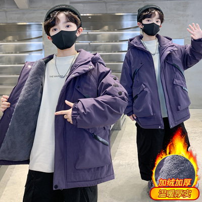 儿童装男童加绒外套2025新款秋冬款大童加厚男孩冬季冲锋衣派克服