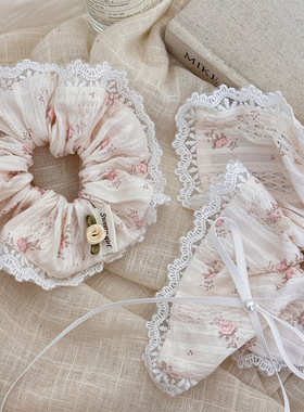 新款法式蕾丝大肠发圈少女梦幻蝴蝶结丝带发绳头绳方巾女韩式发饰