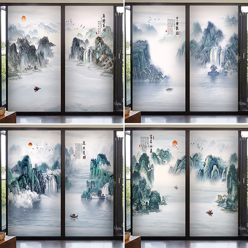 中国风山水风景磨砂防窥玻璃贴膜