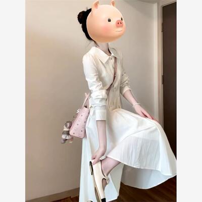 2025新款法式白色polo领连衣裙子女开秋季穿搭气质收腰高级感长裙