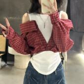 运补6 1036纯欲风设计格子拼接假两件衬衫 新款 显瘦露肩辣妹