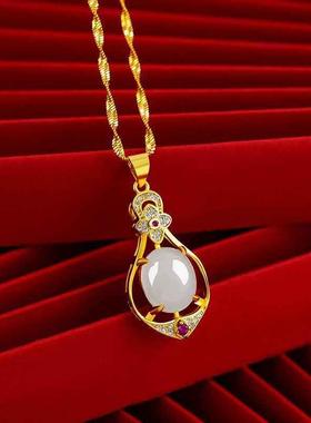 好沄多商城紫荆水滴项链心有灵犀四叶复古吊坠玉髓彩色宝石锁骨链