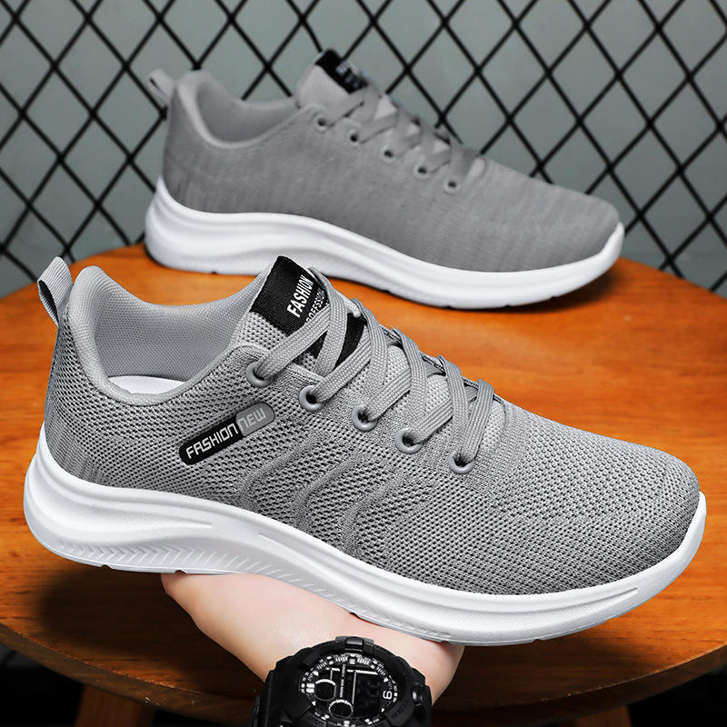 男鞋新款透气运动鞋飞织网面跑步鞋软底减震单鞋轻便系带鞋子男款