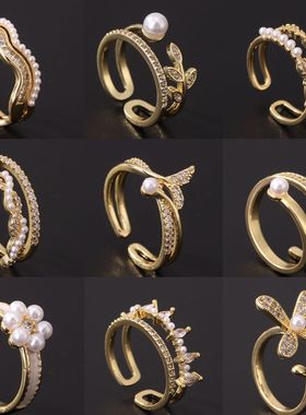 高级感小众轻奢设计女珍珠戒指时尚创意镀金锆石调节开口戒子