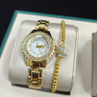 镶钻手表 女表气质满天星表盘石英表手链套装 wristwatch women